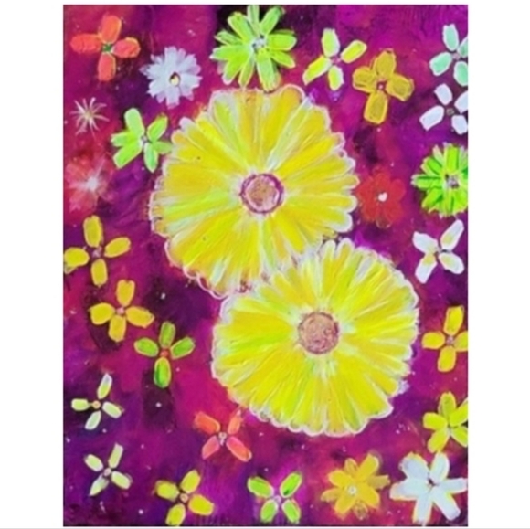 Hand Crafted Other - Hand Crafted Vibrant Floral Painting Pink Yellow and Green 11x14 Inches